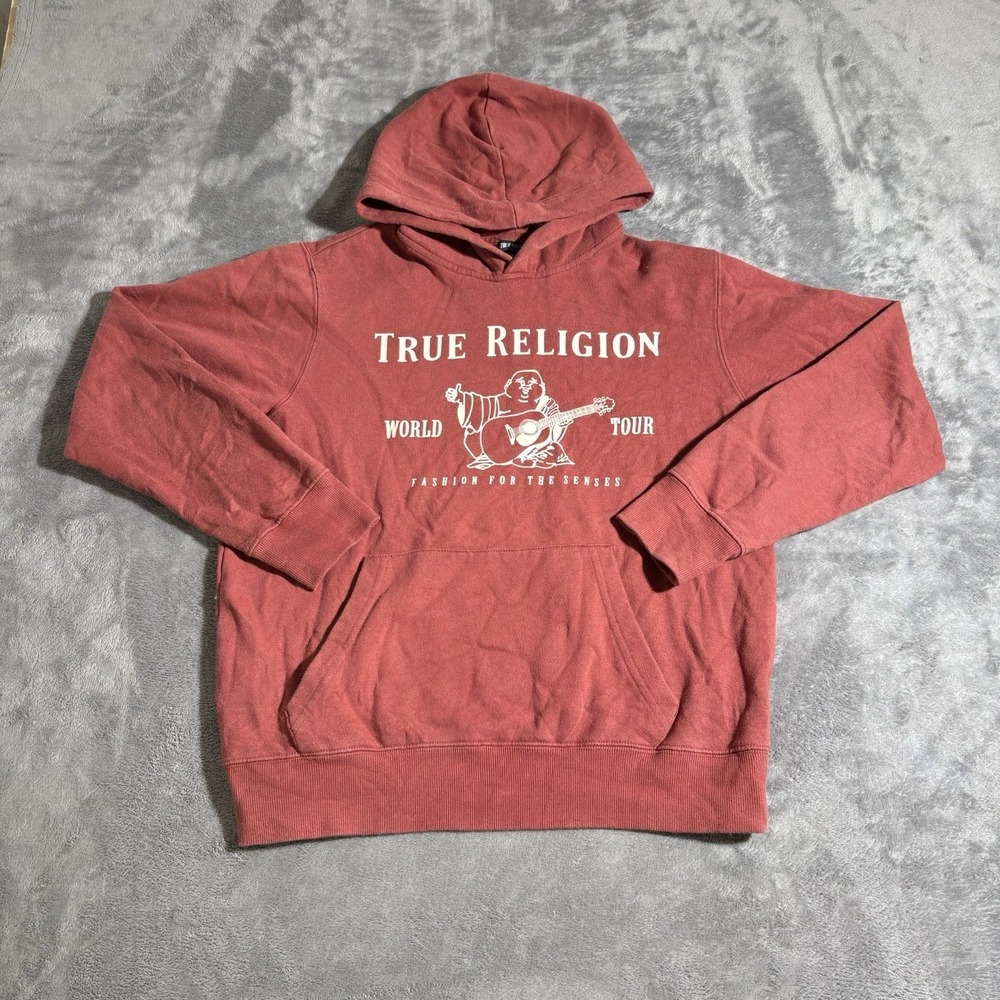 True Religion Hoodie Mens Medium Red Buddha Fleece Pullover World Tour Graphic